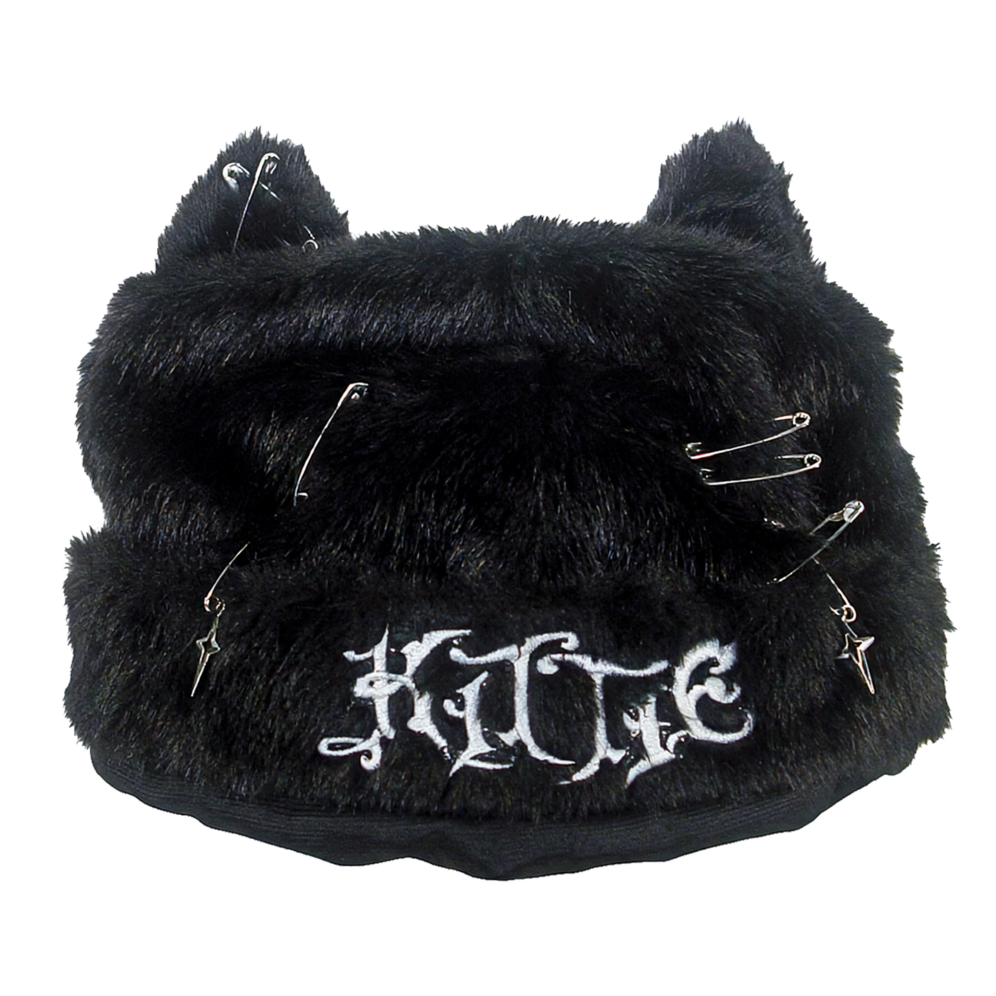 The Kittie Logo - Custom Cat Ears Beanie is a furry black winter hat featuring plush cat ears, decorated with safety pins and charms, and embroidered with the word "KITTIE" in white gothic-style lettering on the front.