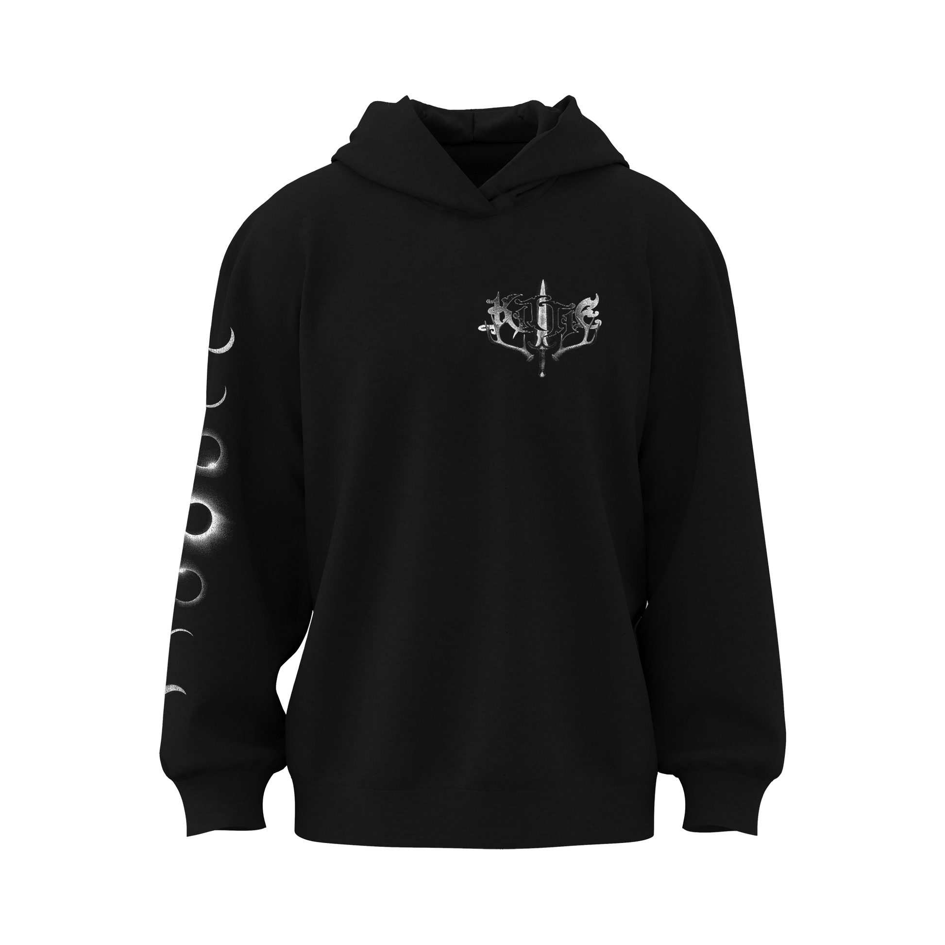 The Kittie Hecate - Black Pullover is an oversized hoodie with a white mystical sword and crescent moon chest graphic, plus a moon phase sleeve print. Made from soft, heavyweight fleece for ultimate comfort.