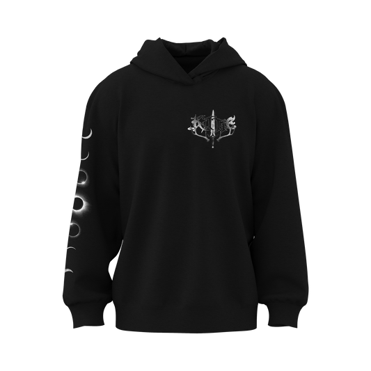 The Kittie Hecate - Black Pullover is an oversized hoodie with a white mystical sword and crescent moon chest graphic, plus a moon phase sleeve print. Made from soft, heavyweight fleece for ultimate comfort.