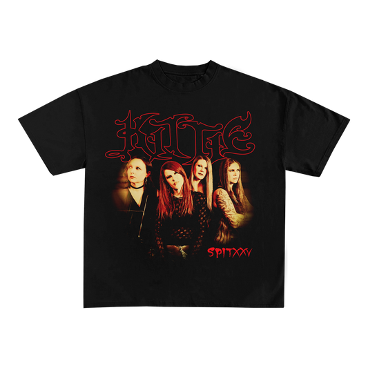 The Spit XXV Black T-Shirt by Kittie features the band’s name in red gothic font above a group photo of the four members with serious expressions, and “Spit” printed in red at the bottom right.