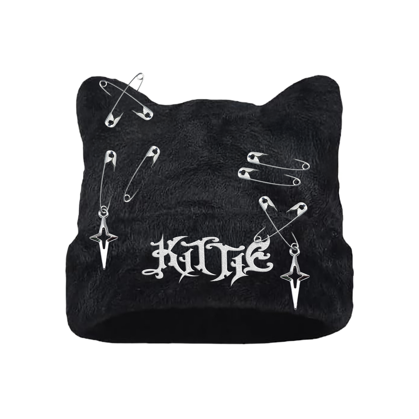 The Kittie Logo - Custom Cat Ears Beanie is a black winter hat with cat ears, safety pins, two cross earrings, and a white gothic embroidered KITTIE logo—perfect for making a bold statement.