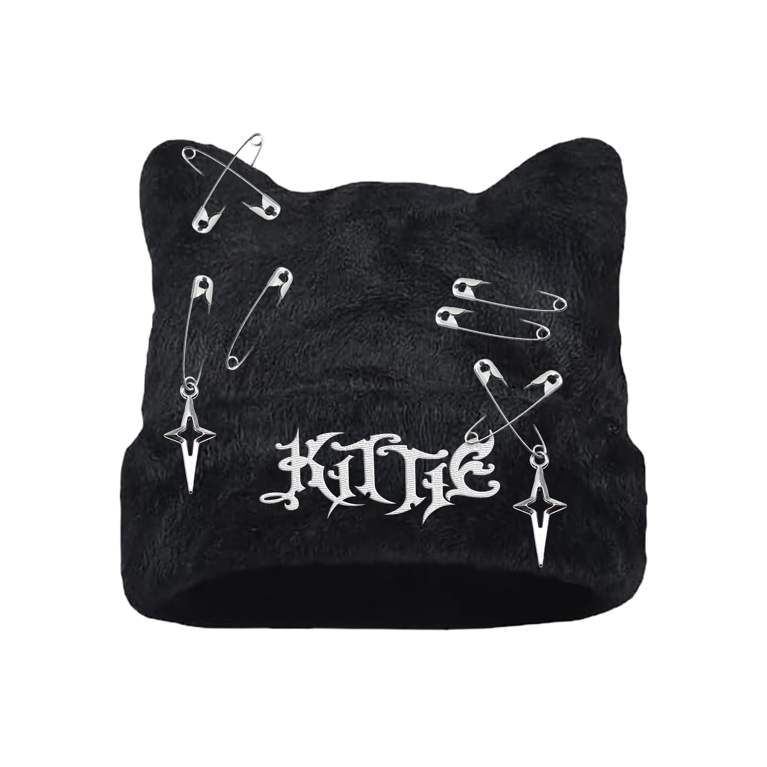 The Kittie Logo - Custom Cat Ears Beanie is a black winter hat with cat ears, safety pins, two cross earrings, and a white gothic embroidered KITTIE logo—perfect for making a bold statement.