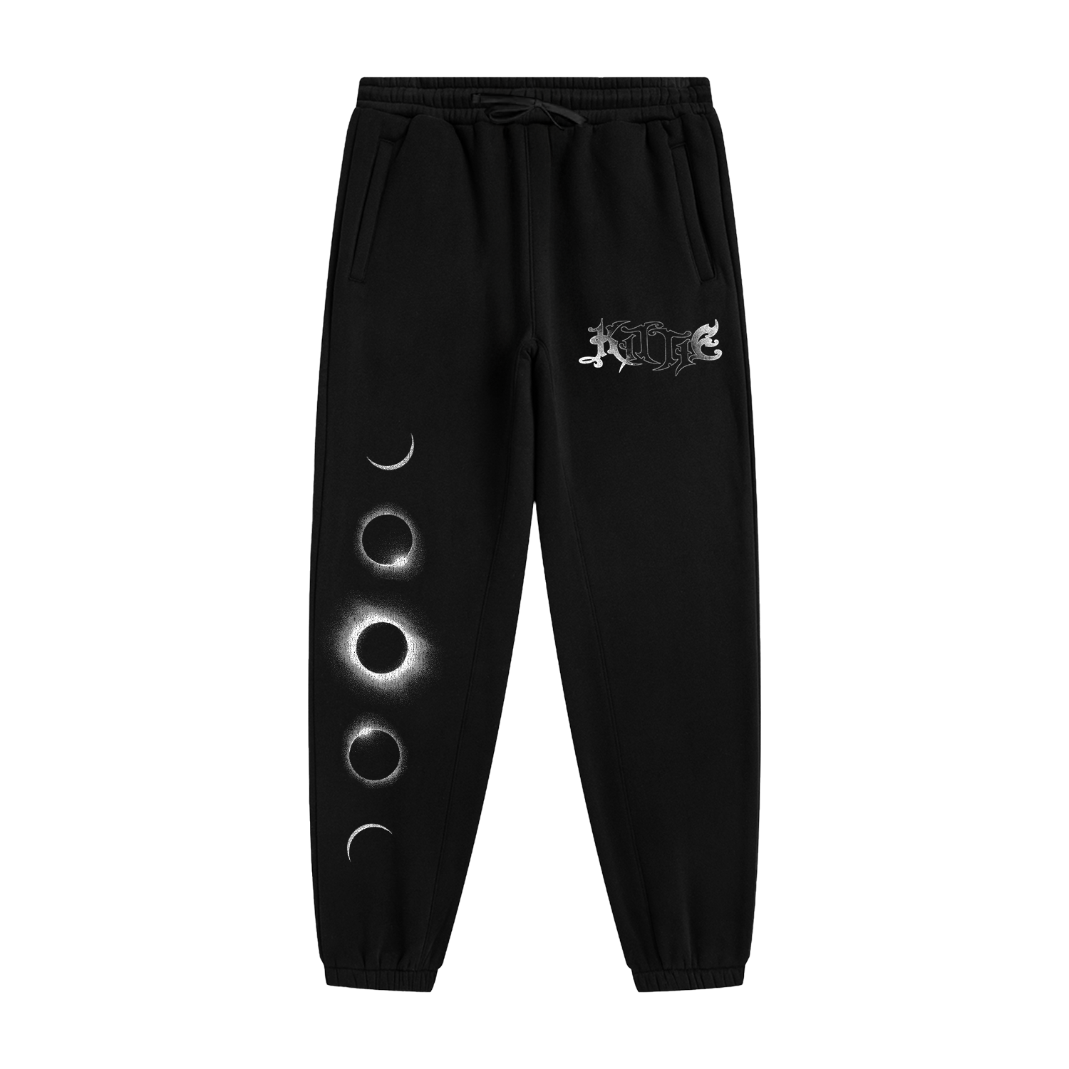 Kittie’s Hecate Black Sweatpants feature a relaxed fit, drawstring waist, white gothic logo on one leg, vertical moon phases on the other, and are crafted from cozy recycled polyester fleece.
