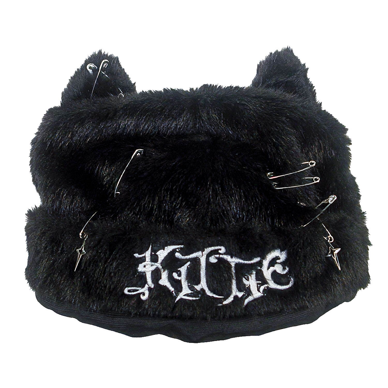 The Kittie Logo - Custom Cat Ears Beanie is a furry black winter hat featuring plush cat ears, decorated with safety pins and charms, and embroidered with the word "KITTIE" in white gothic-style lettering on the front.