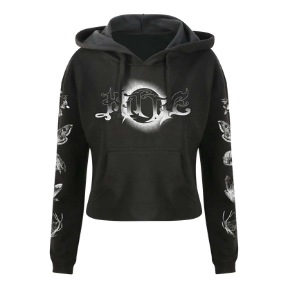 The Kittie Nox Black Cropped Women's Pullover features a white gothic-style FATE chest design and detailed white deer and wolf illustrations printed along both sleeves, highlighting its high-quality print.