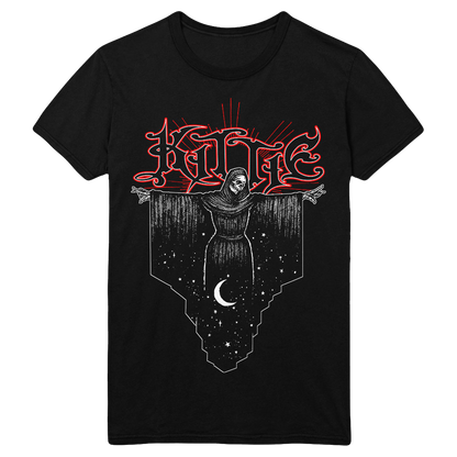 The Kittie Reaper Black T-Shirt features red and white art of a hooded figure with outstretched arms above a crescent moon and stars. "KITTIE" is boldly displayed at the top of this striking shirt.